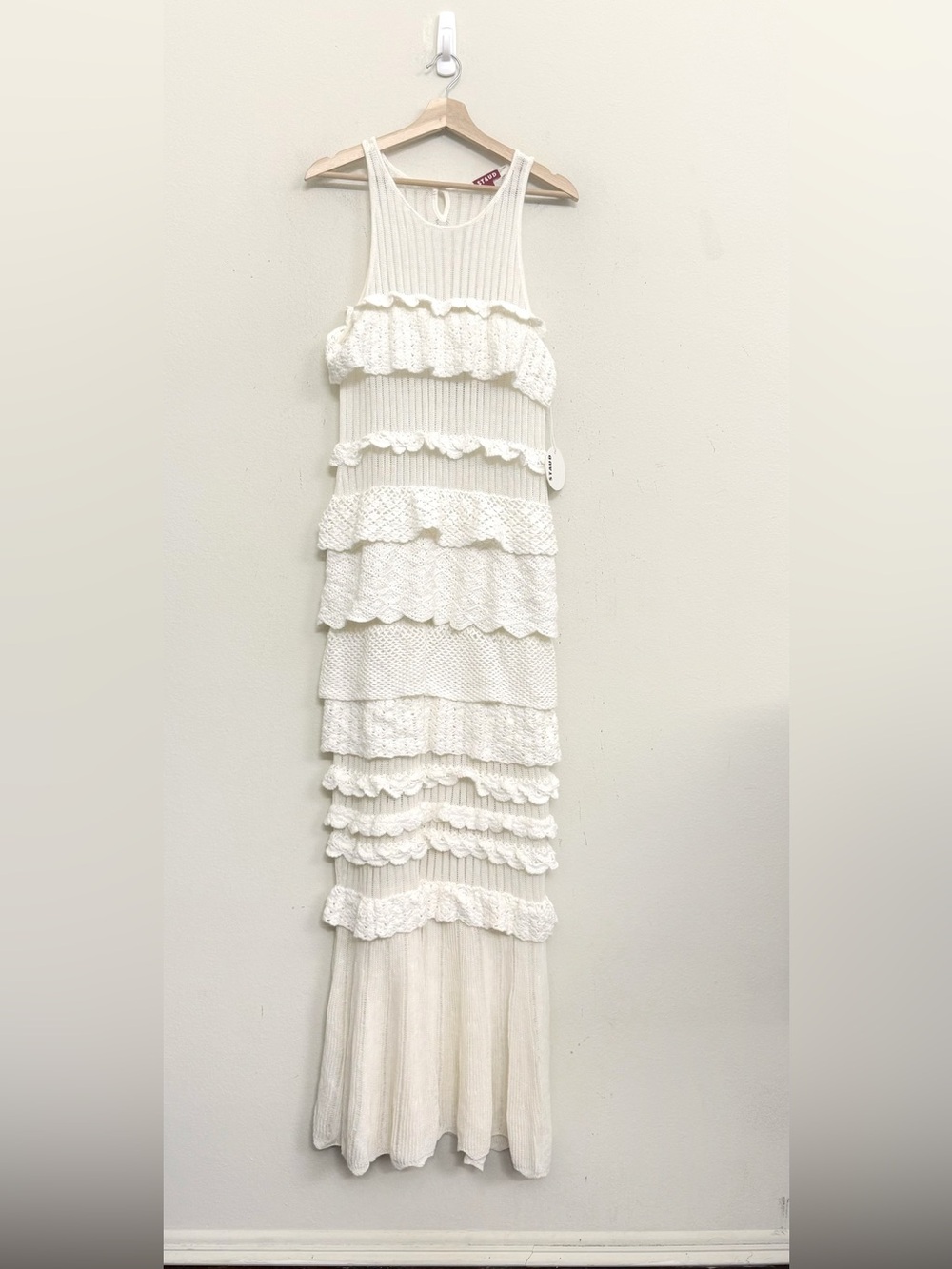 NWT STAUD Sorrento Crochet Knit Tiered Maxi Dress in White Sz L - Picture 8 of 17